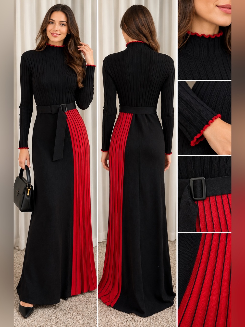 Dalia MacPhee Black & Red Ribbed Maxi Dress with Belt – Size Medium
